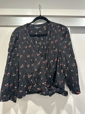 Madewell Black Floral Wrap Blouse with Tie